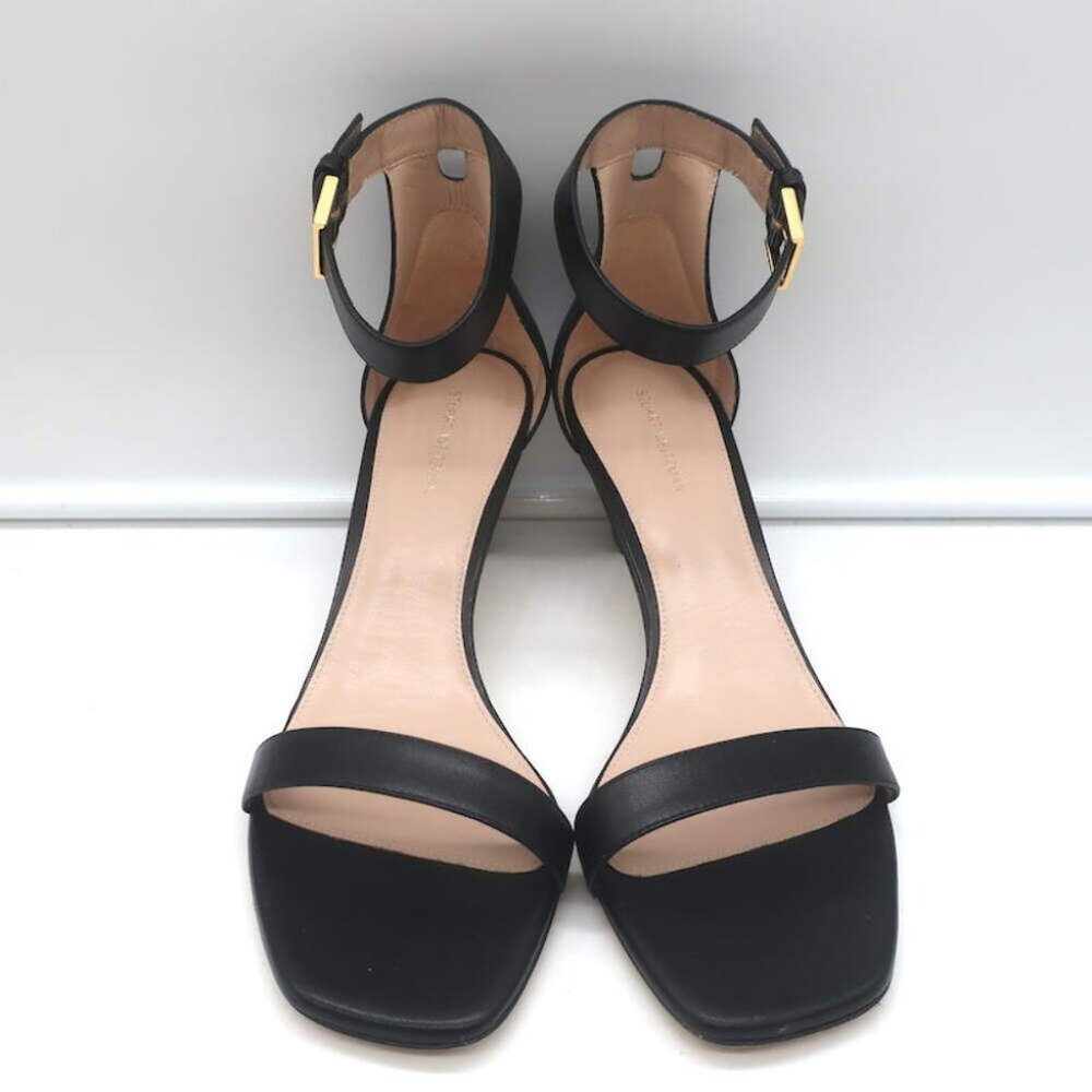 Stuart Weitzman Square Nudist Sandals Black Leather Size 9 Ankle Strap Heels NEW - Picture 3 of 10